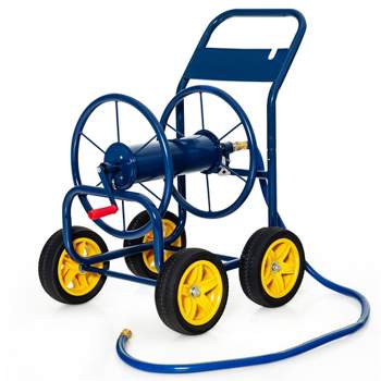 Tangkula 4-Wheel Garden Water Hose Reel Cart, Heavy Duty Wheel Water Planting Cart with Non-slip Crank Handle, Outdoor Slide Hose Guide System Blue/Grey