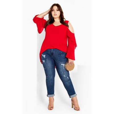 Women's Plus Size Hi Lo Cold Shoulder Top - love red | CITY CHIC
