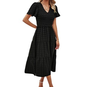 Elegant Summer Maxi Tiered Dress for Women V Neck Garden Party Formal Dress with Tiny Floral Embroidery High Waist Shirred Dress - 1 of 4