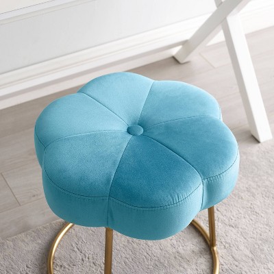 Boho Luxe Light Blue Velvet Flower Vanity Stool with Gold Base