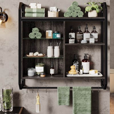 Bestier 33" Floating Shelves with Adjustable Glass Shelves LED Lights Wood Wall Mounted Storage Display Shelves for Kitchen Bathroom