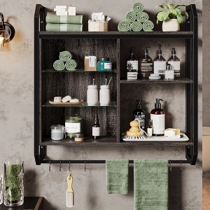 Bestier 33" Floating Shelves with Adjustable Glass Shelves LED Lights Wood Wall Mounted Storage Display Shelves for Kitchen Bathroom - 1 of 4