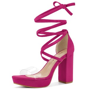 Allegra K Women's Open Toe Lace Up Clear Strap Platform Chunky Heels Sandals - 1 of 4