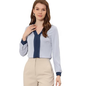 Allegra K Women's Split Neck Pleated Front Office Work Contrast Color Blouse - 1 of 4