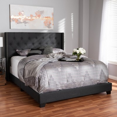 Charcoal Gray Upholstered Queen Bed with Tufted Headboard and Nailhead Trim