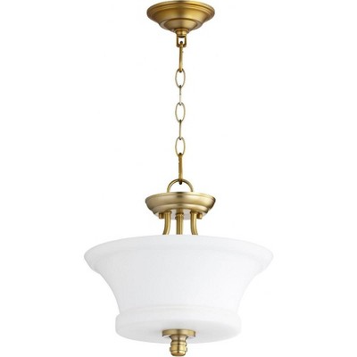 Quorum Lighting Rossington 2-Light Pendant, Aged Brass, Satin Opal Shade, 13W x 13.5H, Dry Rated