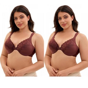 INSPIRE CHIC 2 Pcs Women's Front Closure Lace Trim Underwire Adjustable Straps Plunge Bras - 1 of 4