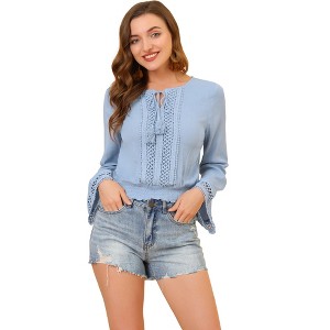 Allegra K Women's Round Neck Bell Long Sleeve Smocked Hem Cropped Blouse - 1 of 4