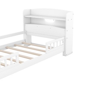 APRILSOUL Wood Full Size Platform Bed with Built-in LED Light, Storage Headboard and Guardrail, White - 1 of 4