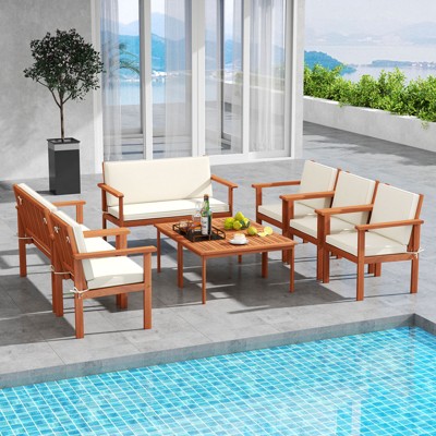 Tangkula 8 Pieces Patio Furniture Set, Acacia Wood Porch Chairs w/ Table