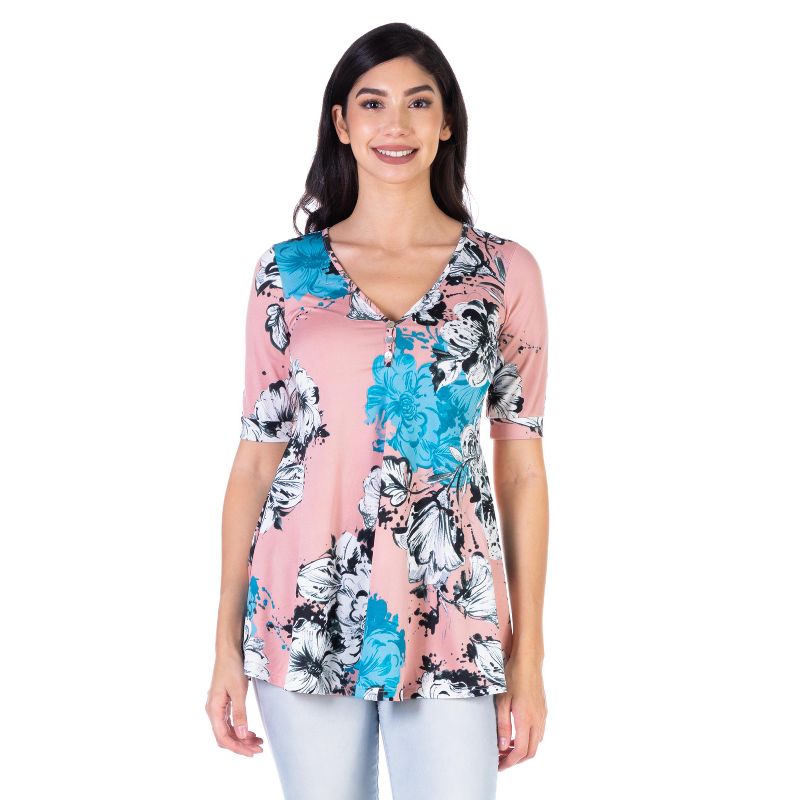 24seven Comfort Apparel Pink Floral Elbow Sleeve Casual V Neck Henley Tunic Top, 1 of 5