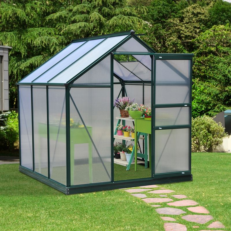 Outsunny 6' x 6' x 7' Polycarbonate Greenhouse, Heavy Duty Outdoor Aluminum Walk-in Green House Kit with Vent & Door for Backyard Garden, Green, 3 of 13