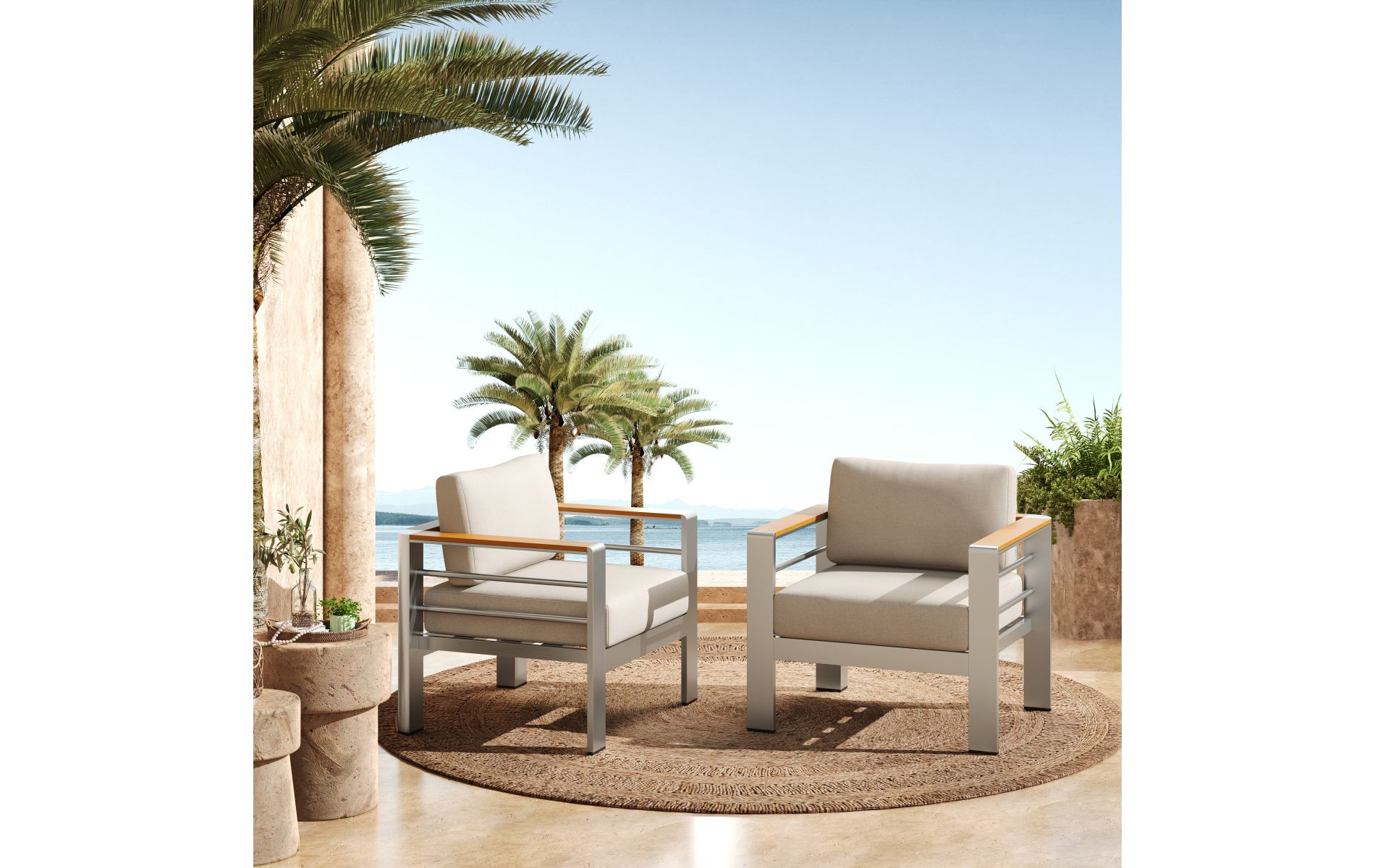 Set of 2 Outdoor Aluminum Club Chair with Beige Olefin Cushion, Lightweight Weather-Resistant Patio Armchair for Garden or Balcony-Baofuwish