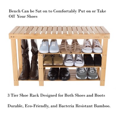 Natural Bamboo 3-Tier Shoe and Boot Rack Bench with Seat