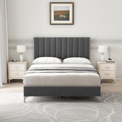 Homhougo Full Size Bed Frame with Headboard, Velvet Upholstered Platform Bed Frame with Adjustable Headboard and Wooden Slats Support,  Dark Grey