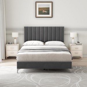 Homhougo Full Size Bed Frame with Headboard, Velvet Upholstered Platform Bed Frame with Adjustable Headboard and Wooden Slats Support,  Dark Grey - 1 of 4