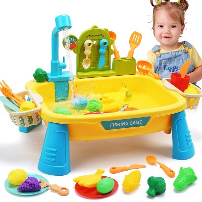 Skirfy 2-in-1 Play Sink with Running Water, Kids Play Kitchen with Accessories and Fishing Equipment, Pretend Play Electric Dishwasher Toys