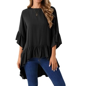 INSPIRE CHIC Women's High Low 3/4 Bell Sleeve Keyhole Back Ruffle Hem Asymmetrical Blouse - 1 of 4
