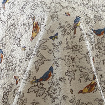 Gray Cotton Twin Quilt Set with Colorful Birds and Butterflies