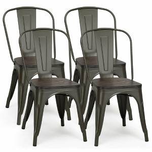 Costway Set of 4 Modern Metal Dining Side Chair Wood Seat Stackable Bistro Cafe - 1 of 4