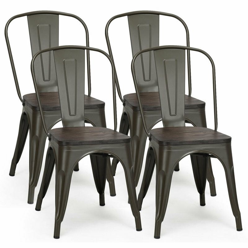 Costway Set of 4 Tolix Style Metal Dining Side Chair Wood Seat Stackable Bistro Cafe, 1 of 11