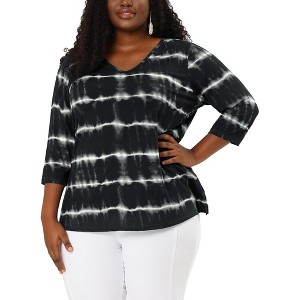 Agnes Orinda Women's Plus Size Tie Dye 3/4 Sleeve Side Slit V Neck Trendy Spring Tops - 1 of 4