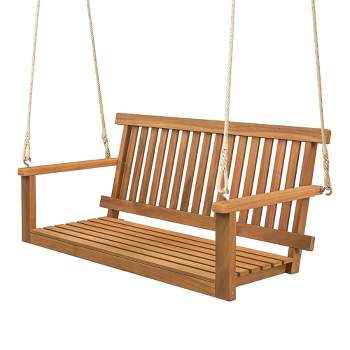Tangkula 2-Person Acacia Wood Outdoor Porch Swing Patio Hanging Bench Chair Natural