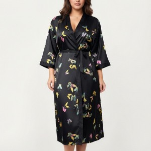 Anna-Kaci Lounge Women's PLus Size Butterfly Print Satin Robe with Wrap Front Design, Wide Sleeves, and Adjustable Tie Waist Belt - 1 of 4