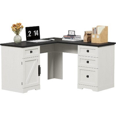 Farmhouse 60" Executive L Shaped Desk, Home Office Desk with File Drawers and Storage Cabinet, Corner Computer Desk