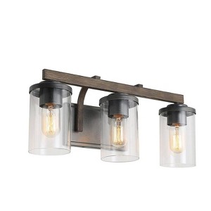 LNC Laius 20-in 3-Lights Gryish Brown Wood Tone and Black Farmhouse Vanity Lightss,with Clear Glass Shades - 1 of 1