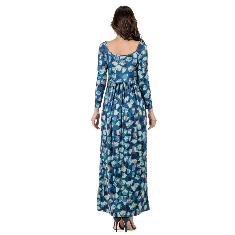 24seven Comfort Apparel Blue Abstract Long Sleeve Pleated Maxi Dress, 3 of 5