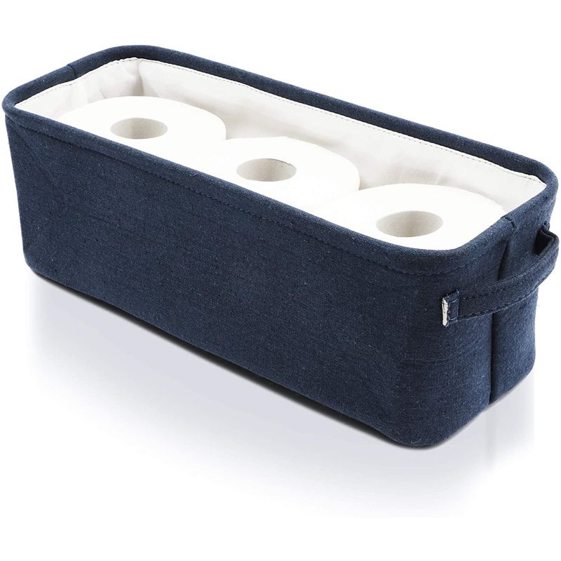 Dark Blue Jute Fabric Storage Bin Basket Box Container Cubes Organizer with Handles Rectangular 16"x6"x5.25", 1 of 8