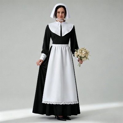 Joyfy Women's Colonial Pioneer Costume Set | Black Long Dress with Attached Apron & Bonnet | Historical Thanksgiving, Halloween Role-Play Outfit