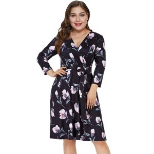 Women's Casual V-neck Waist Bandage Cropped Sleeve Print Dress - 1 of 1