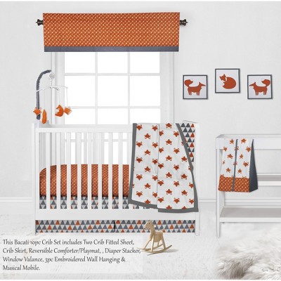 Bacati - Playful Fox Orange Gray 10 pc Crib Bedding Set with 2 Crib Fitted Sheets