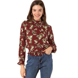 INSPIRE CHIC Women's Smocked Waist Ruffled Hem Stand Collar Floral Dots Blouse - 1 of 4