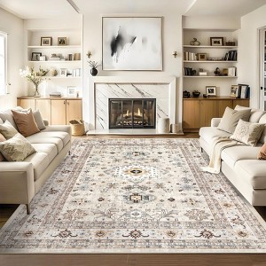 Machine Washable Area Rug Non Slip Backing Rug Vintage Oriental Low Pile Rugs Foldable Floral Print ed Accent Carpet for Bedroom Living Room - 1 of 4
