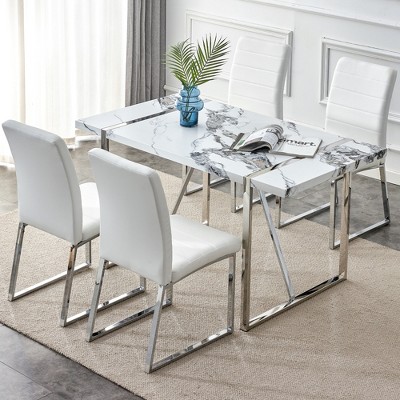 54"W/42"W Faux Marble Dining Table Kitchen Table Rectangular Dinner Table Round Dining Table for Cafe Restaurant Bar Office, White/Brown-ModernLuxe