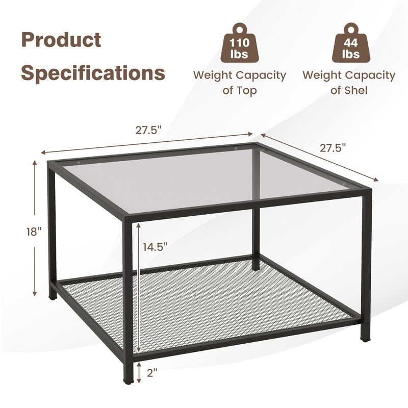 Costway Glass Coffee Table 27.5 Inch 2-Tier Square with Mesh Shelf Living Room Grey/Transparent, 3 of 11