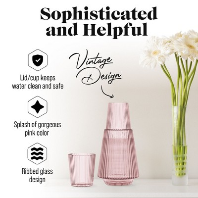 Pink Ribbed Glass Bedside Water Carafe with Tumbler Lid