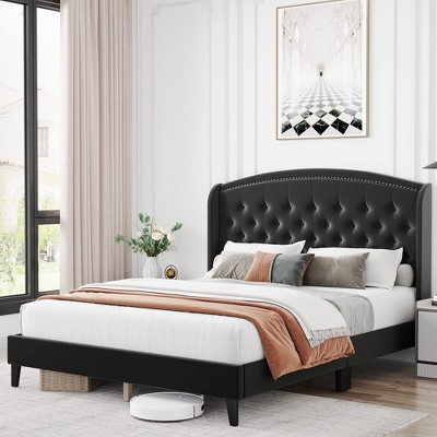 homfan Upholstered Bed Frame, Wingback Headboard, Velvet Platform Bed, Button Tufted Design, No Box Spring Needed