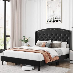 homfan Upholstered Bed Frame, Wingback Headboard, Velvet Platform Bed, Button Tufted Design, No Box Spring Needed - 1 of 4