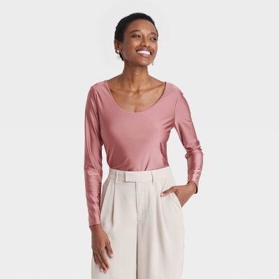 Women's Slim Fit Long Sleeve Knit Satin Scoop Neck T-shirt - A New Day™ Pink  L : Target