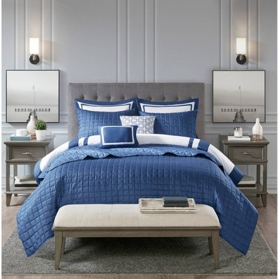 Navy and White Hotel Style Comforter and Coverlet Full Set