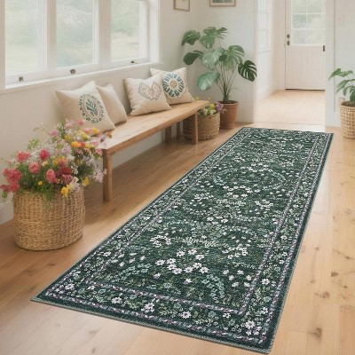 Washable Hallway Runner Rug Non-Slip, Modern Floral Low Pile Carpet for Kitchen Laundry Bedroom, Stain Resistant Foldable Floor Mat