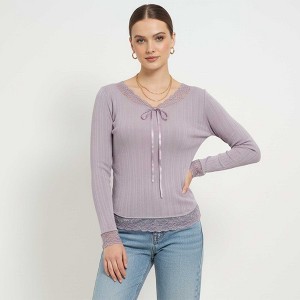 Cherie Code Women’s Lace‑Trim Ribbed Long‑Sleeve Top – Elegant Casual Knit Tee - 1 of 4