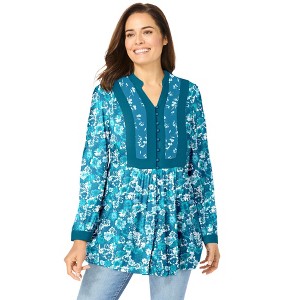 Woman Within Button-Front Mixed Print Tunic - 1 of 4