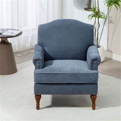 SKRAN Farmhouse Accent Chair,Nailhead Trim Armchair,Comfy Chenille Club Sofa Chair with Springs Cushions & Wood Legs for Bedroom ,Living Room(Gray)