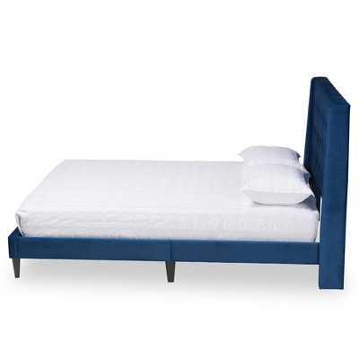 Queen Navy Velvet Upholstered Wood Platform Bed with Tufted Headboard