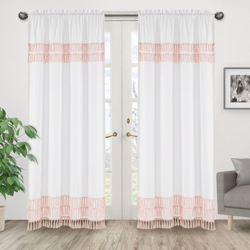 Sweet Jojo Designs Window Curtain Panels 84in. Boho Fringe White and Pink, 2 of 6